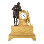 A FRENCH EMPIRE ORMOLU AND PATINATED BRONZE FIGURAL MANTEL CLOCK, THE DIAL SIGNED FOR LEPAUTE, PARIS