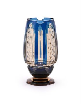 AN ART DECO VAL ST. LAMBERT 'LUSITANIE' PALE AMBER OVERLAY AND BLUE GLASS OVOID FLORIFORM VASE