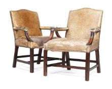 A PAIR OF MAHOGANY AND LEATHER UPHOLSTERED ARMCHAIRS IN GEORGE III STYLE