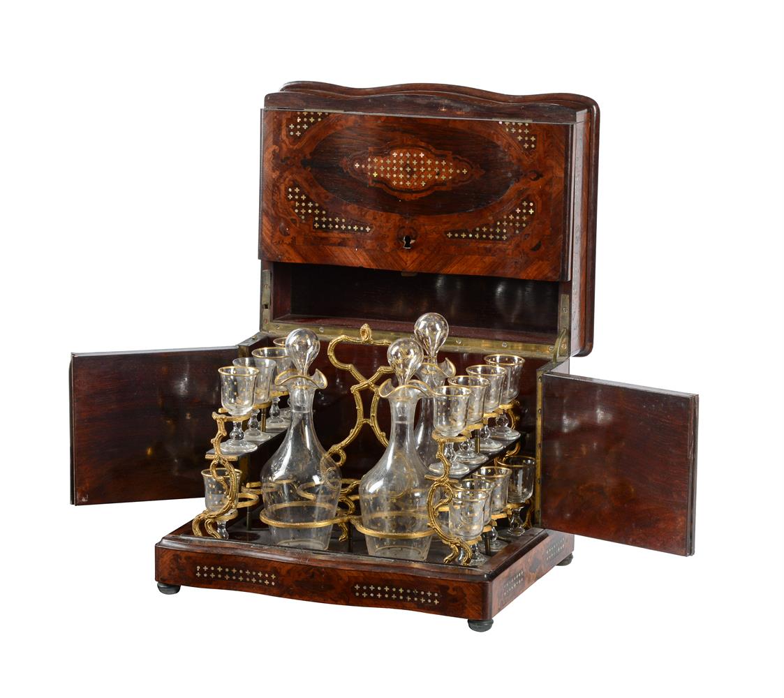 Y A NAPOLEON III KINGWOOD, ROSEWOOD, AND MOTHER-OF-PEARL LIQUOR DECANTER AND GLASS SET