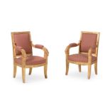 A PAIR OF FRENCH GILTWOOD OPEN ARMCHAIRS, IN THE MANNER OF PERCIER & FONTAINE