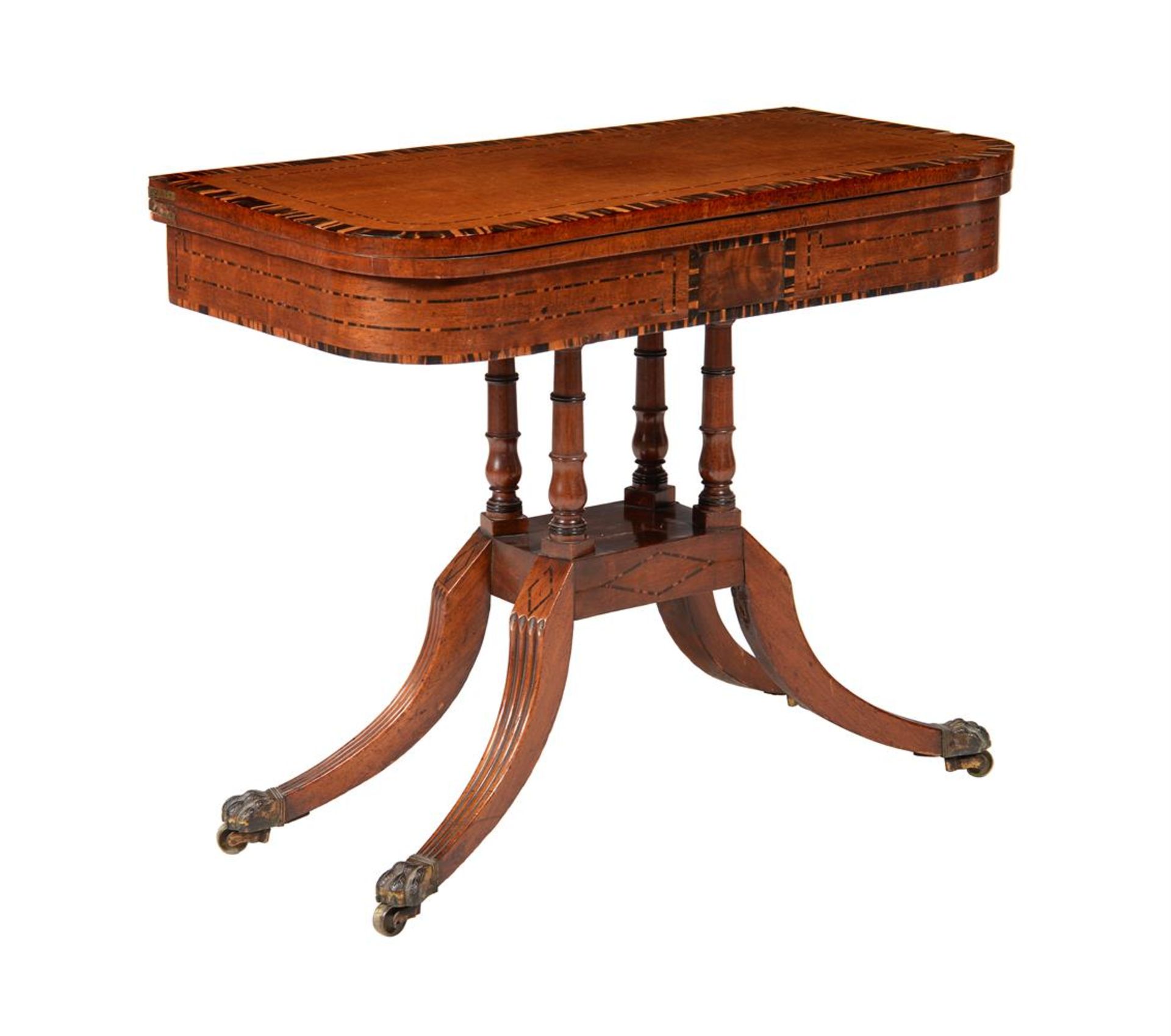 A REGENCY MAHOGANY AND CALAMANDER BANDED CARD TABLE