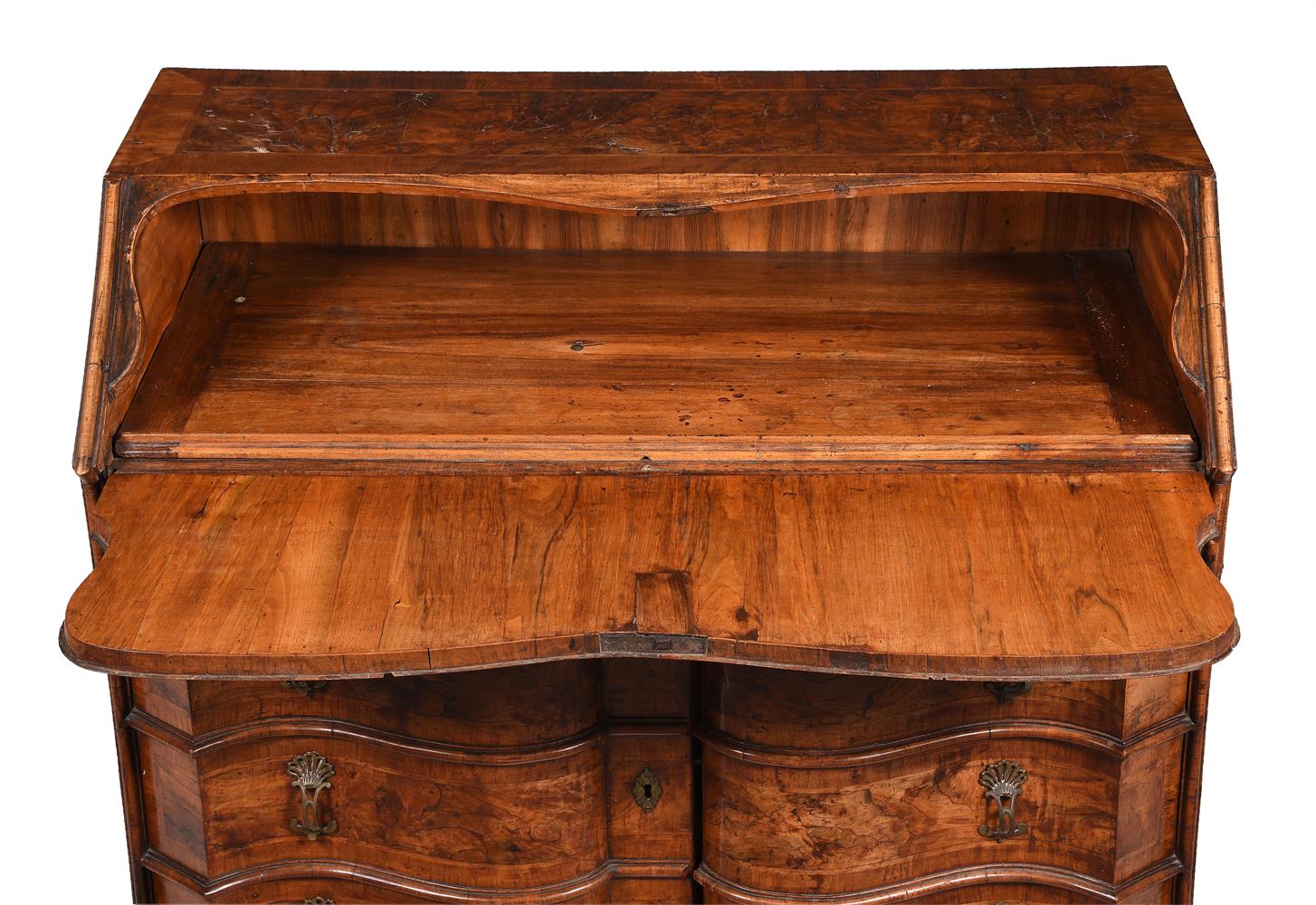 A WALNUT SERPENTINE FRONTED BUREAU, PROBABLY SOUTH GERMAN - Image 4 of 6