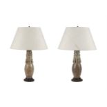 A PAIR OF PARCEL CELADON GLAZED TABLE LAMPS