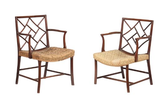 A MATCHED PAIR OF GEORGE III MAHOGANY COCKPEN ARMCHAIRS