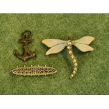 Silver enamelled and jewelled Dragonfly brooch, anchor, silver Good Luck brooch and filigree