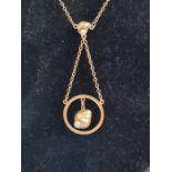 9ct gold fine chain and ring pendant with shell drop with mounted seed pearls, 2.7g including