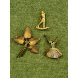 3 silver brooches, ballerina, Past Captain and leaf with ladybird. 24g.