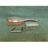 A silver backed hairbrush, Walker & Hall silver topped glass pin dish and a silver cased fruit knife