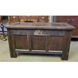 Small 17th century oak 3 panel coffer with later repairs, 37.5" wide x 19.5" deep x 21" tall.