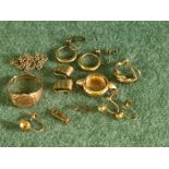 Scrap 9ct gold watch case rings, chains and earrings, 20g.