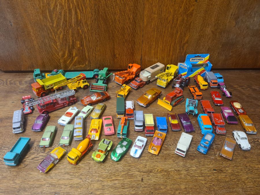 Matchbox and Lesney playworn die cast toys and cars.