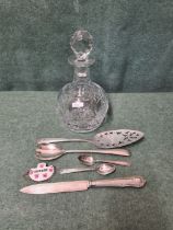 Georgian pattern cut globular decanter and sherry label with various EPNS cutlery.