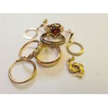 Various 9ct gold rings, earrings and fish pendant, 14.7g including stone.