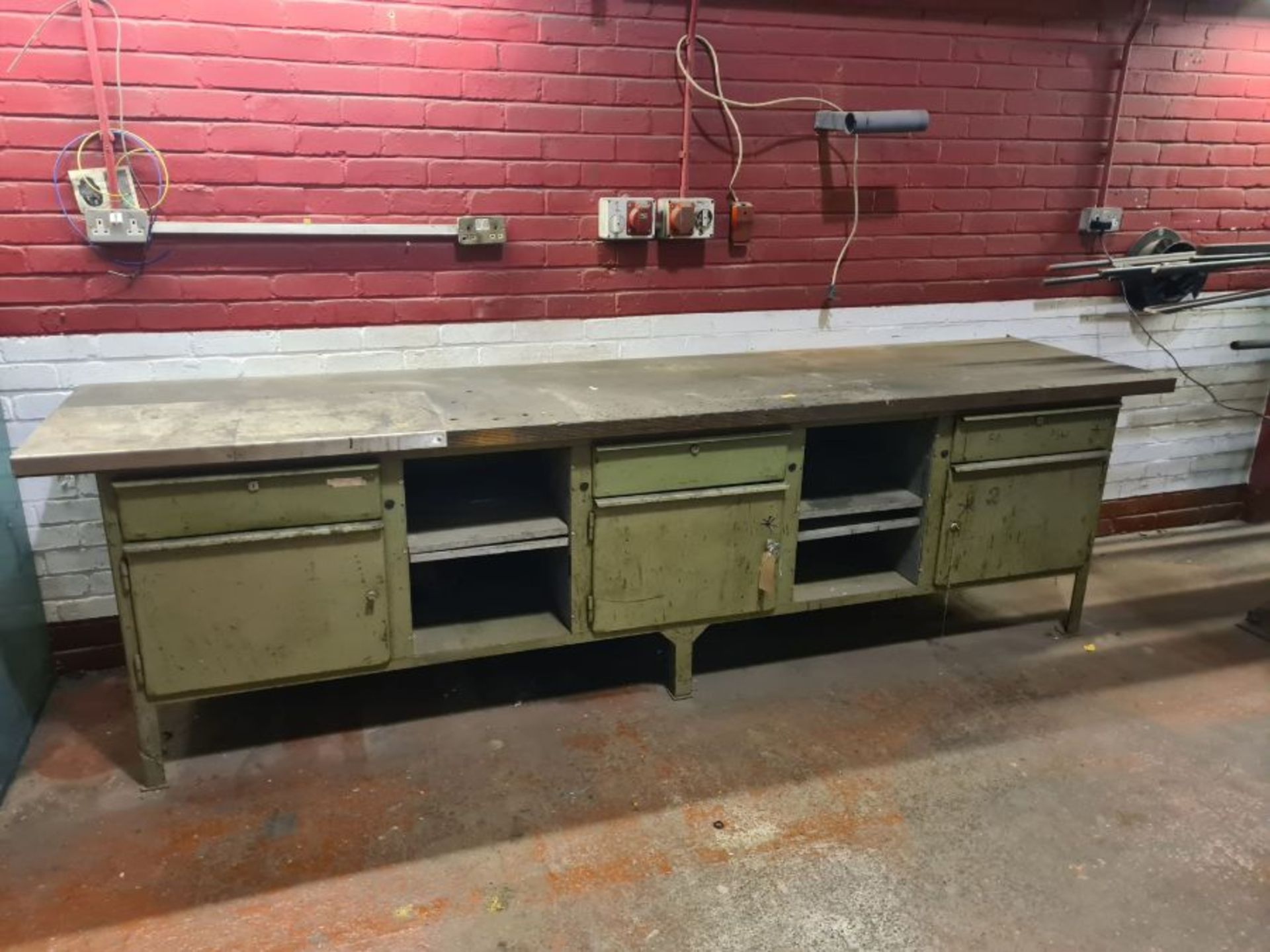 Large metal engineering bench, 3 drawers, 3 locking cupboards and open shelving