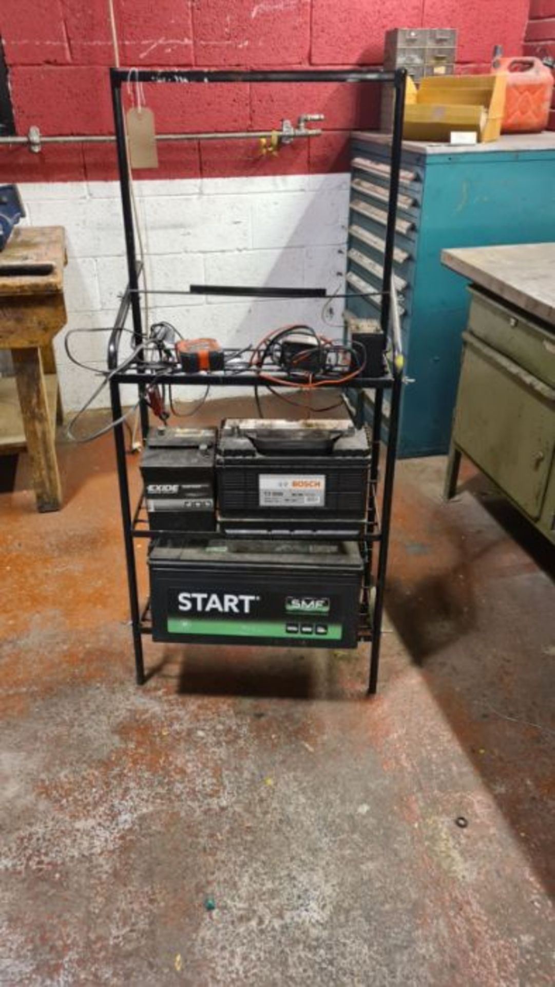 Wheeled battery stand, battery chargers and a SMF high endurance start battery