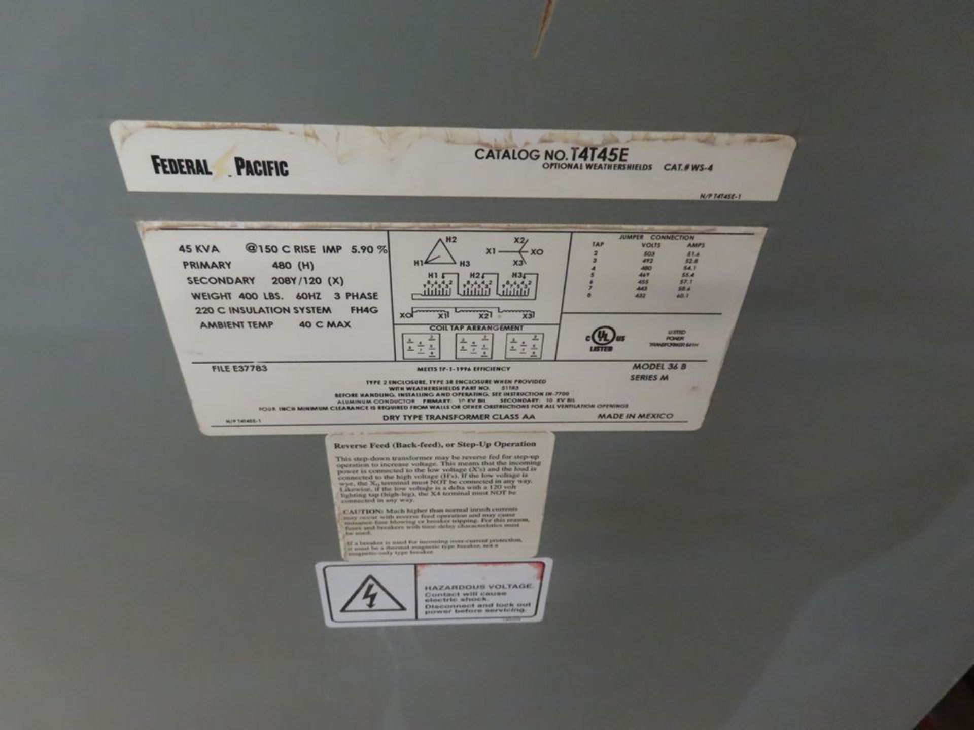 FEDERAL PACIFIC 45 KVA TRANSFORMER, M# T4T45E - Image 2 of 2