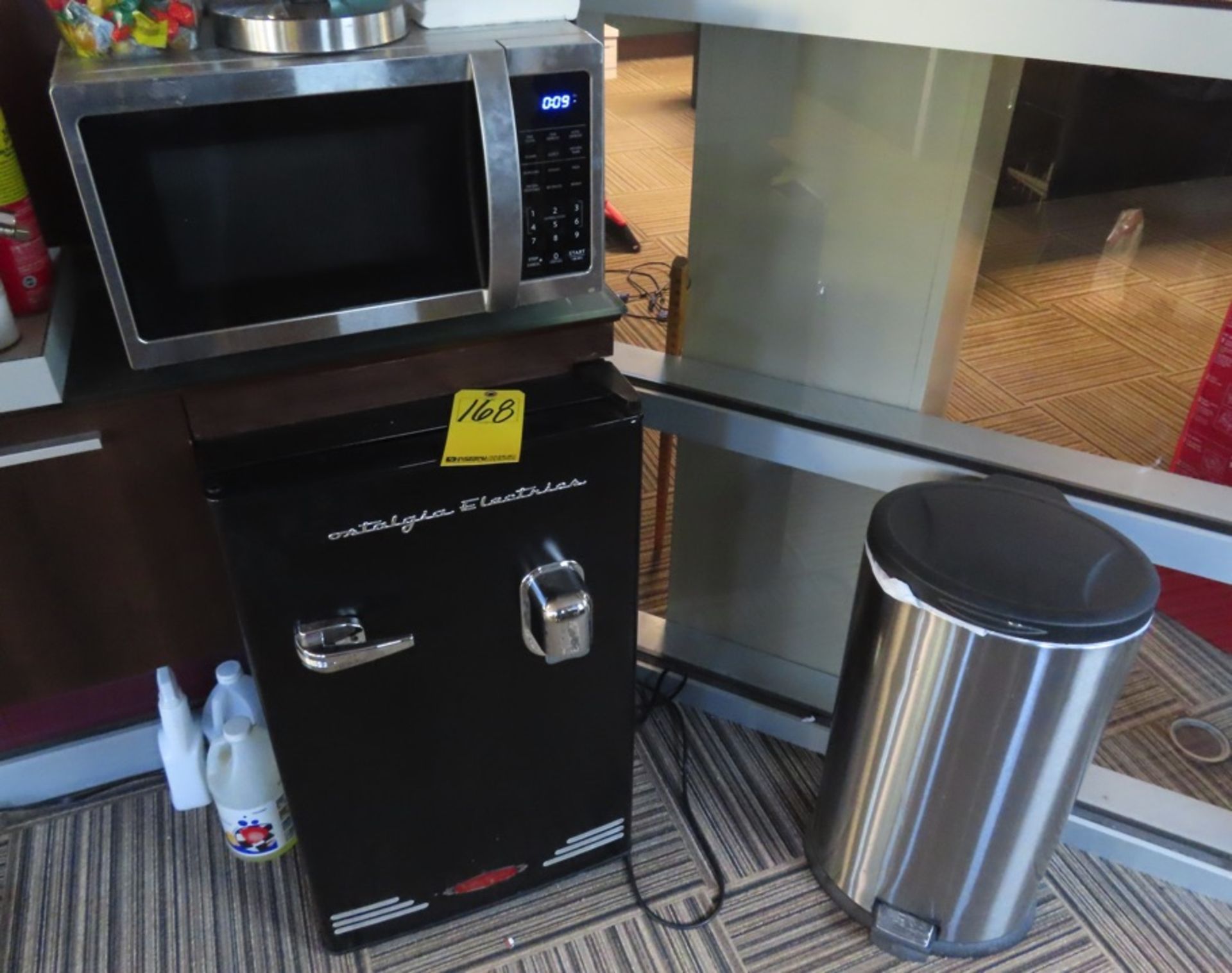 LOT RETRO SERVICES UNDER-COUNTER REFRIG. W/WATER IN DOOR, MICROWAVE & STAINLESS STEEL TRASH CAN