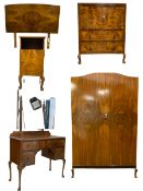 20th century figured walnut bedroom suite with a wardrobe
