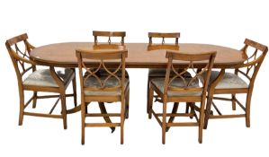 Bevan funnel Reprodux Regency style yew wood twin pillar dining table