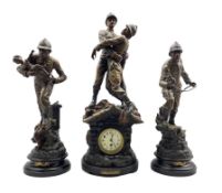 An imposing French spelter clock garniture displaying the patriotic feats of a team of French firef