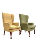 Pair of Queen Anne style wing back armchairs with squab cushion