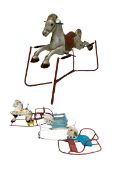 Mobo horse on red metal framed base with three other rocking horses