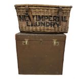 Large square travel trunk and a 'New Imperial Laundry' wicker hamper (2)