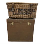 Large square travel trunk and a 'New Imperial Laundry' wicker hamper (2)