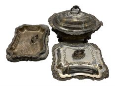 Set of four Victorian silver-plated entree dishes and another silver-plated serving dish