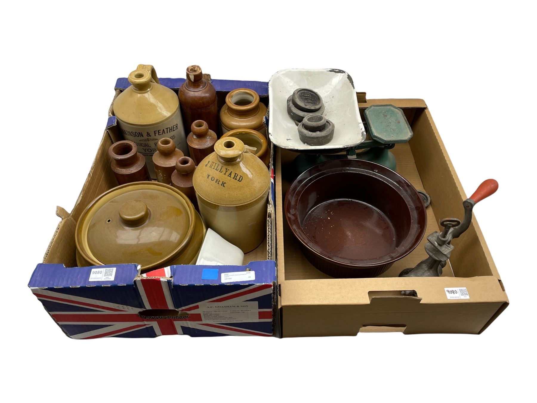 Local stoneware flagons including Sinkinson & Feather Botanical Brewers York