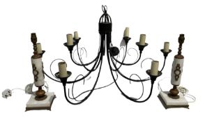 Modern nine light chandelier together with a pair of modern gilt metal mounted table lamps (3)