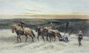 After Herbert Thomas Dicksee RE (British 1862-1942): 'The Reapers' Three Horse Team Reaping a Crop