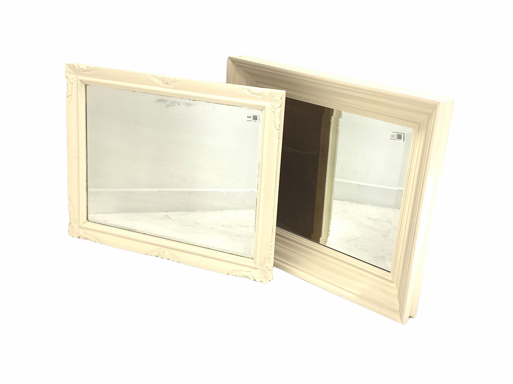 White painted framed bevel edged wall mirror (69cm x 59cm) together with another similar (70cm x 56c