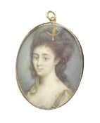 19th century small oval miniature head and shoulders portrait on ivory of a lady with a jewel in her