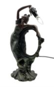 Art Nouveau style bronze effect table lamp in the form of a maiden and inset with oval mirror