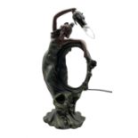 Art Nouveau style bronze effect table lamp in the form of a maiden and inset with oval mirror