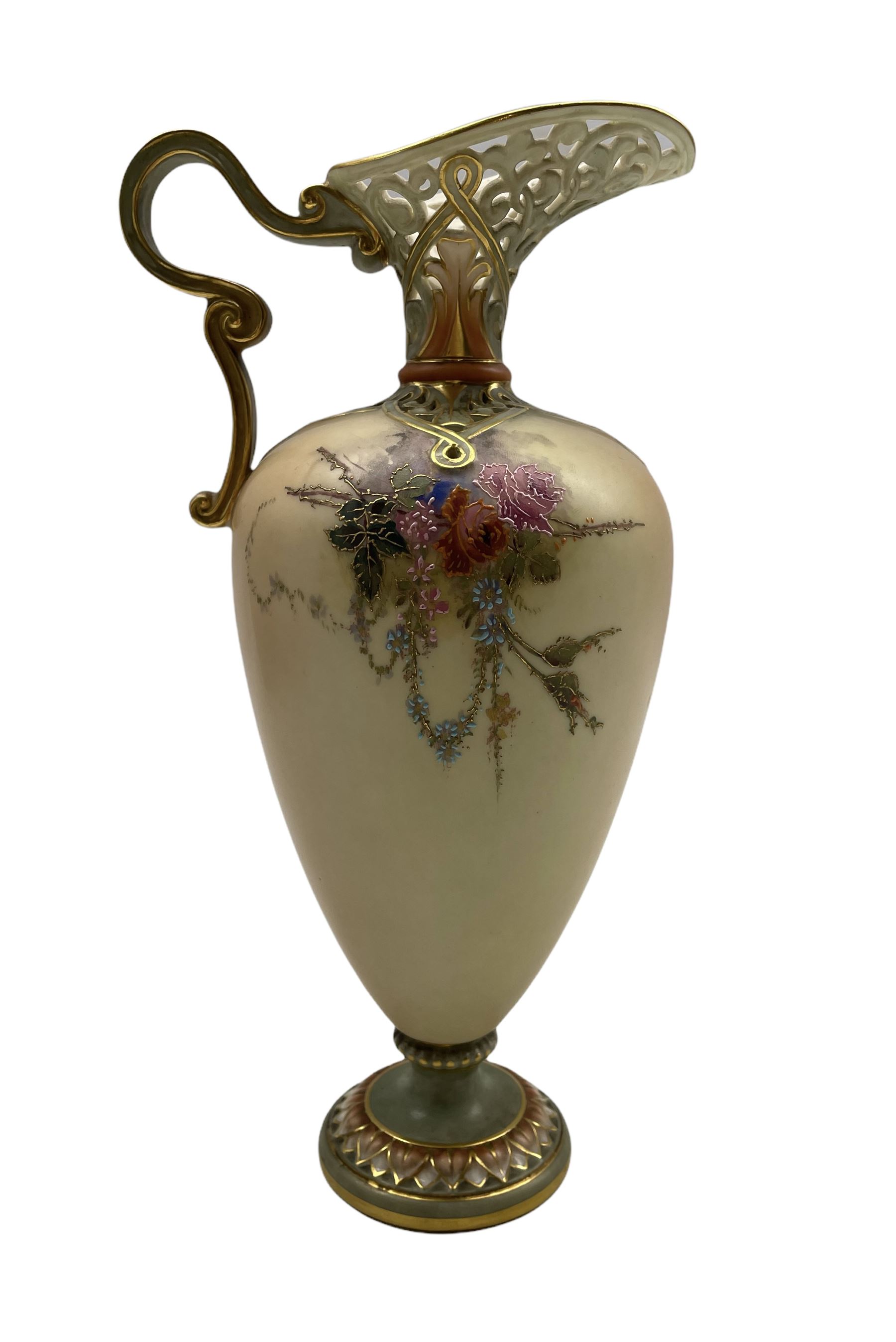 Royal Worcester blush ivory porcelain ewer circa 1906 decorated with roses and floral swags below a - Image 2 of 2