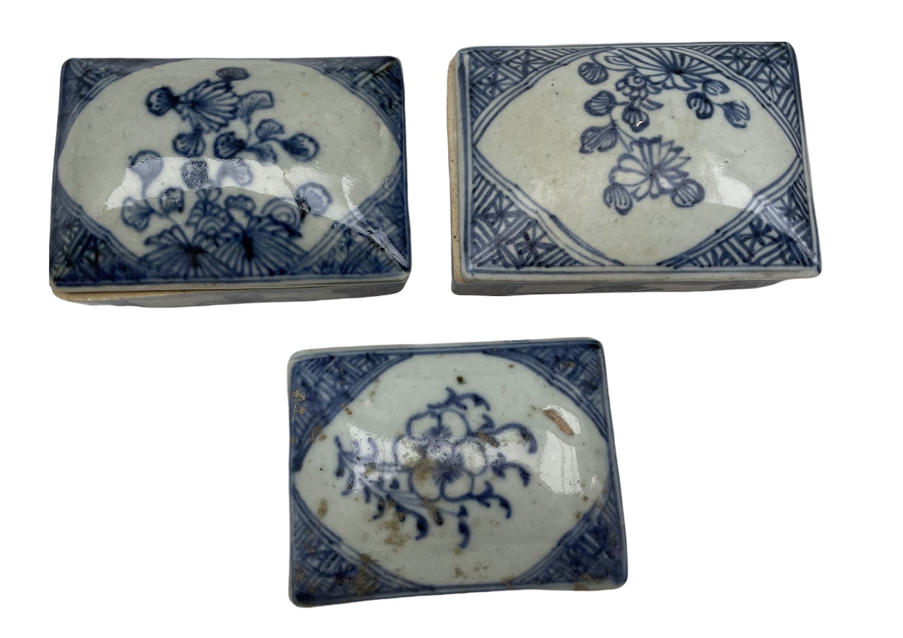 Three 18th/ 19th century Chinese rectangular blue and white boxes - Image 2 of 3