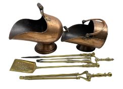 Victorian three piece brass companion set with a matching pair of tongs and two 19th century copper