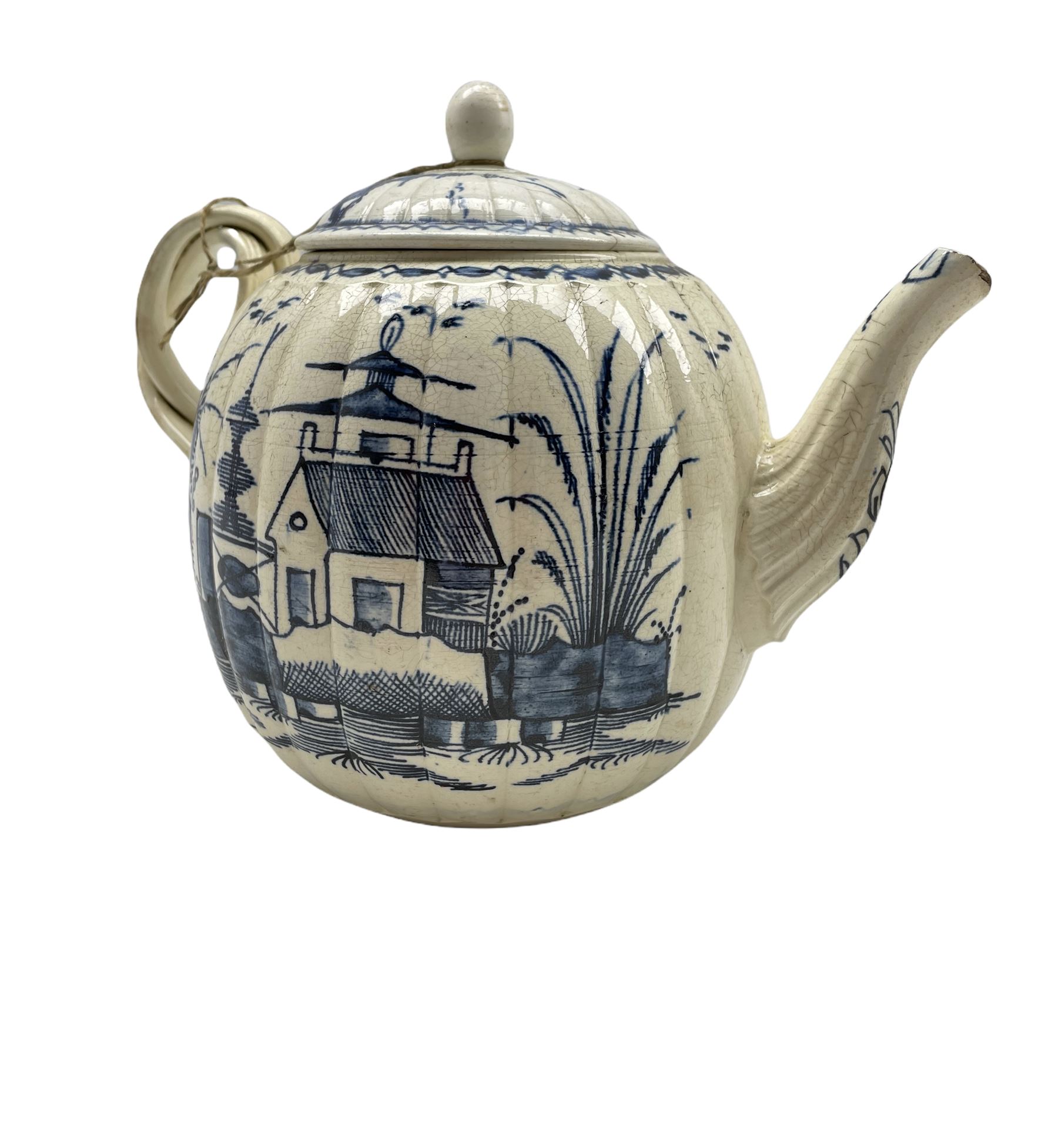 18th century Creamware teapot of melon form with blue chinoiserie design and strapwork handle - Image 2 of 2