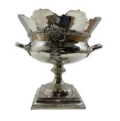 Large silver-plated two handled centre bowl of campana form on square base