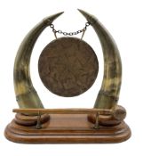 Edwardian oak and cow horn dinner gong with brass mounts