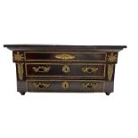 Continental mahogany table top trinket chest with two long drawers and a fitted writing drawer