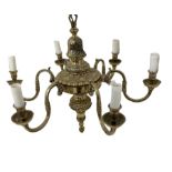 20th century brass six light chandelier with S scroll branches and acanthus leaf cast decoration