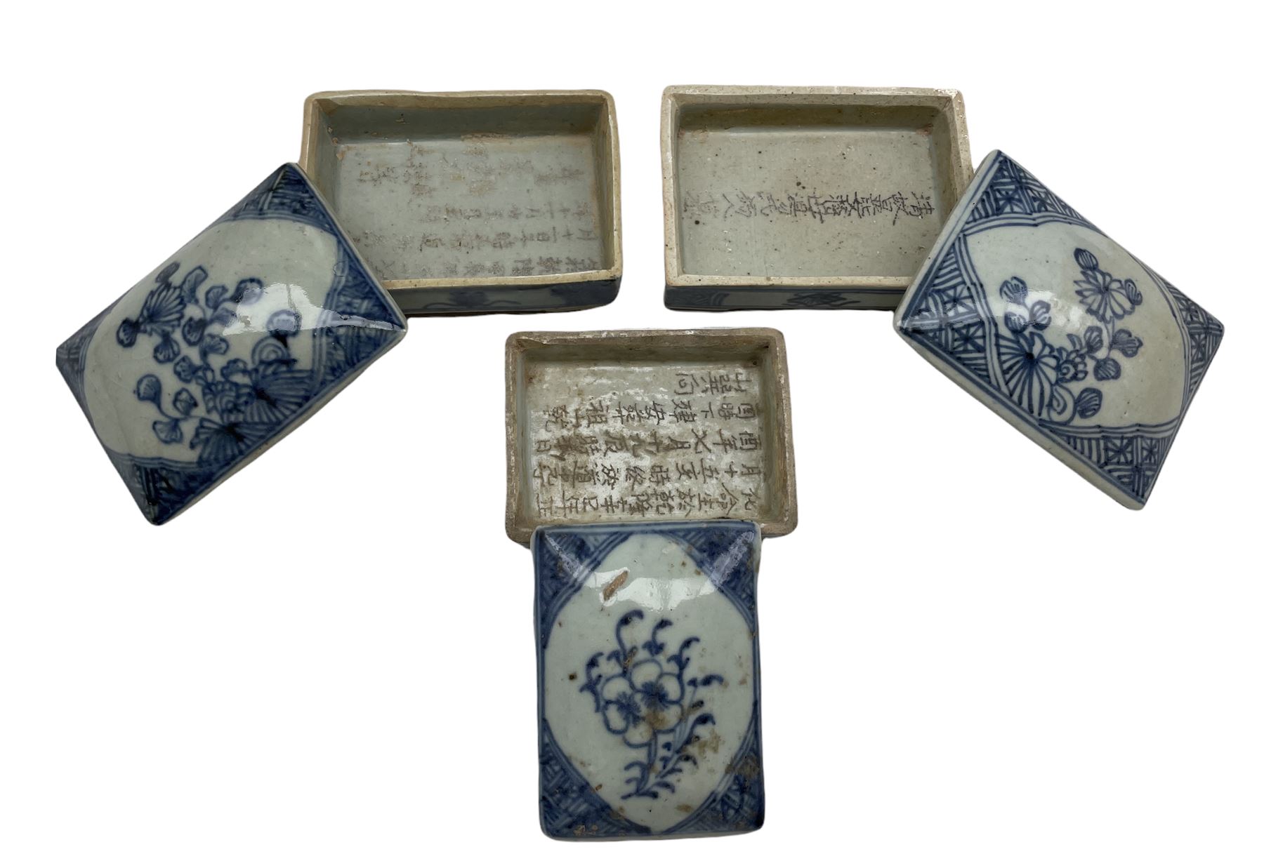 Three 18th/ 19th century Chinese rectangular blue and white boxes