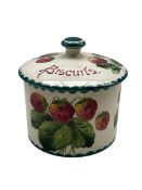 Wemyss ware biscuit barrel and cover decorated with the strawberry pattern H12cm with impressed and