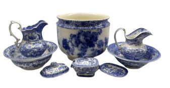 19th century blue and white transferred printed jug and bowl