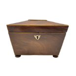 Early 19th century mahogany sarcophagus shape tea caddy with two covered containers
