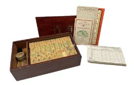 Mah-Jongg set with bamboo pieces in wooden box with lift out trays